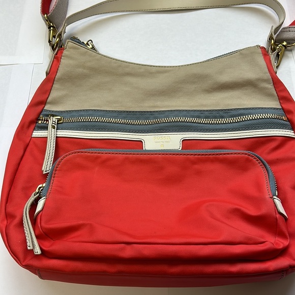 Fossil hobo shoulder and crossbody orange and tan textile bag 3 zipper closures - Picture 2 of 16